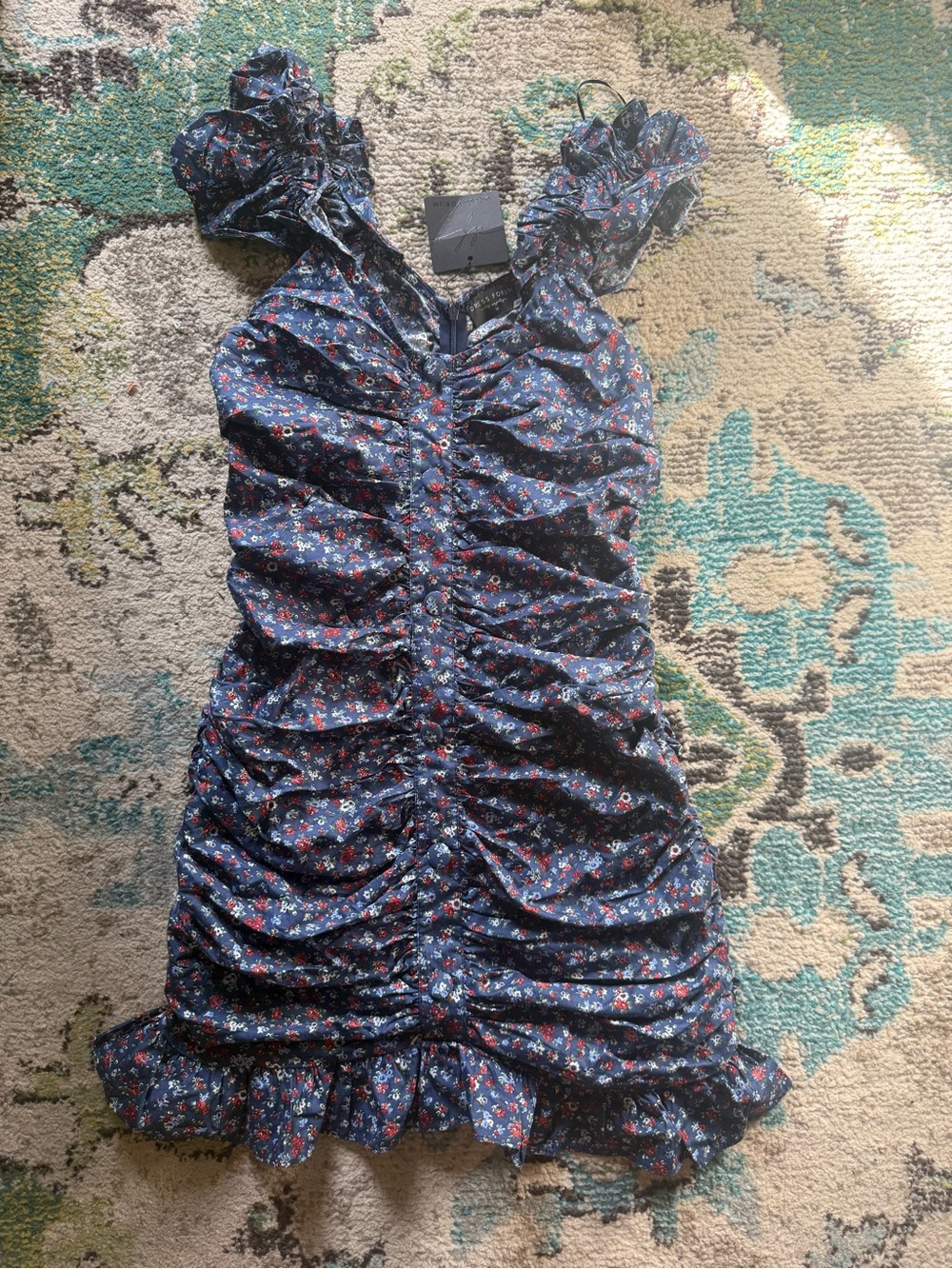 NWT Dress Forum Navy Floral Ruched Ruffle Mini Dress Size Medium